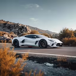 the white supercar is driving down the road