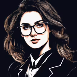 a woman wearing glasses and a suit is looking at the camera,the girl in glasses is looking back