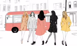 three women walking down the street while one looks at the bus