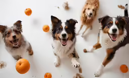 a group of dogs on a white floor near a bunch of balls