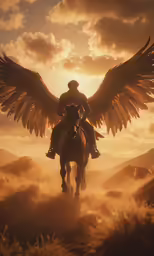 an angel rides through the desert on a horse