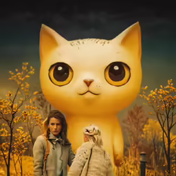 two women stand next to a cat on the ground