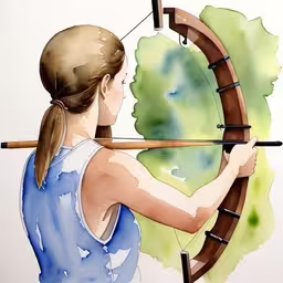 a watercolor drawing of a woman aiming an arrow,watercolor of a young girl archery player using an arrow