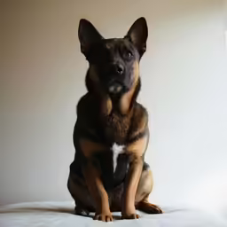 the dog sits next to an empty wall