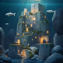 a house is built into the side of a cliff that features sea animals and corals