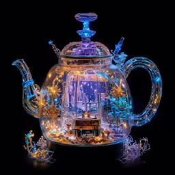 a glass teapot with a lit up house inside