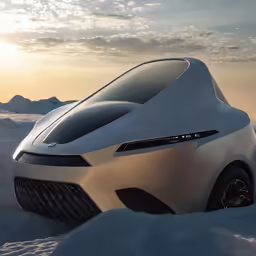 the car in the snow is designed like a futuristic vehicle