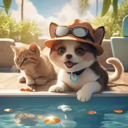 an adorable small dog wearing a hat next to a cat