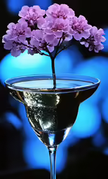 a pink flower in a martini drink