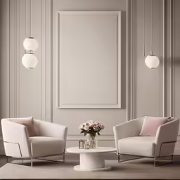 two white chairs sitting in a living room