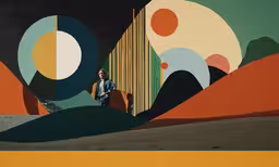 an abstractly designed painting with various colored sections,a painting of a man near an abstract painting