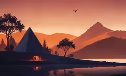 a lake with trees and birds around it in front of mountains,a beautiful sunset with mountains and water at dusk