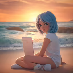 a girl sitting on the beach with her laptop
