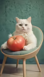 a cat with blue eyes sits on a stool and looks at a tomato