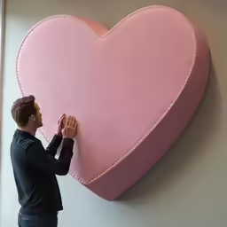 a man touching a heart shaped object on the wall