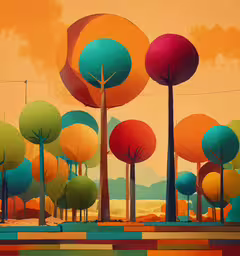 an artistic painting of trees and hills on an orange background,a large, colorful park with trees and hills in the distance