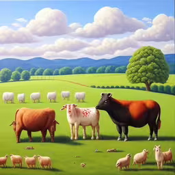 painting on canvas of farm animals with trees and clouds in background,painting depicting cows and sheep in large field with hilly backdrop
