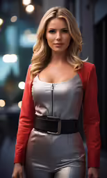 a woman is in a silver and red outfit