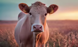 the cow is standing in front of a sunset on a field