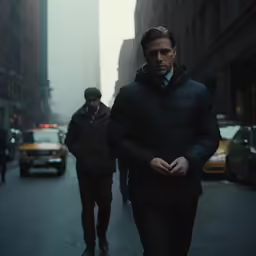 two people walking down a street in an urban setting