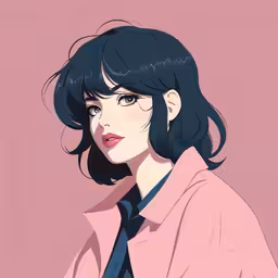 an anime girl with a pink shirt and black hair