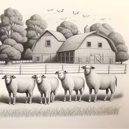 this is a drawing of sheep by a farm,a black and white drawing of five sheep in a field