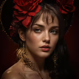 a woman in a red rose hat with a black background
