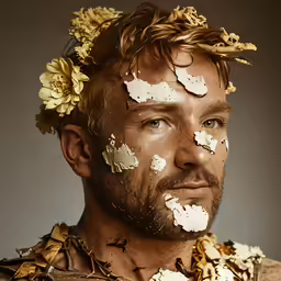 a man with brown hair and makeup wearing gold leaves