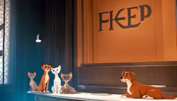 the dogs sit on display in a store window
