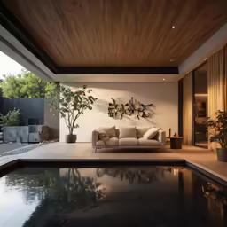 living room with pond and outdoor wall decoration