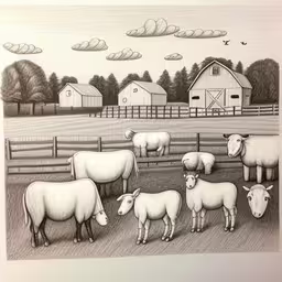 pencil drawing of a group of sheep in a farm