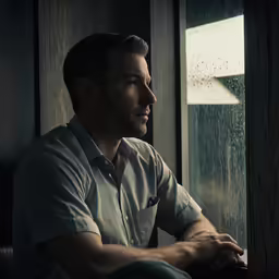 the man is sitting in a window and staring out