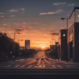 a street at sunset with cars and buildings