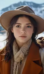 young girl with big brown hat wearing winter clothing