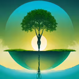 the lone tree on an island is reflected in the water,a tree is growing inside the water while a man is swimming in the river