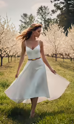 a woman in a white dress walking across a field