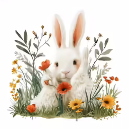 two rabbits sit in tall grass surrounded by flowers