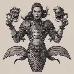 a woman with two heads holding up skulls