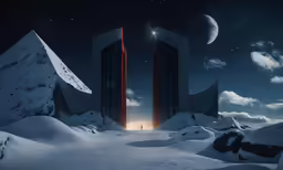 an open door to another planet and mountains in the background