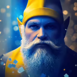 the man is wearing a yellow crown and is dressed in black