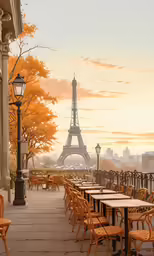 the sun shines brightly across the sidewalk near chairs and tables