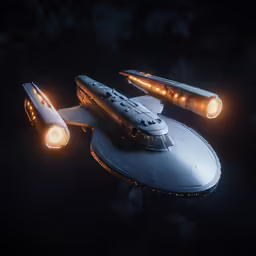 a star trek ship in the space is shown with its lights on