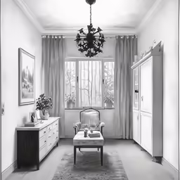 a room with a chair, television and cabinets