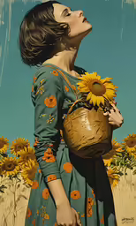a painting of a woman holding a jug next to flowers