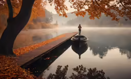 man standing on dock overlooking lake and fog