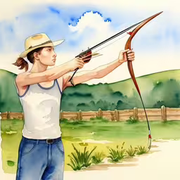 a girl standing in a field with a bow and arrow,the boy is holding his arrows and shooting a arrow