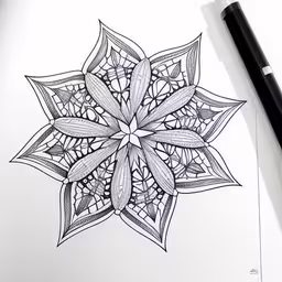 the drawing is drawn and ready to be colored,a flower drawn on paper with marker,the flower is on top of a paper,a hand drawn pen sketch with a design,a pen drawing a floral design on paper