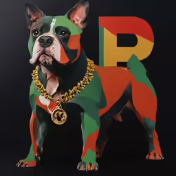 a bull dog with a golden and green necklace