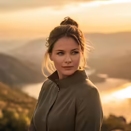 a woman is posing for a portrait in the mountains