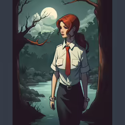 a woman in a tie and a short sleeved shirt walks out into the moonlight